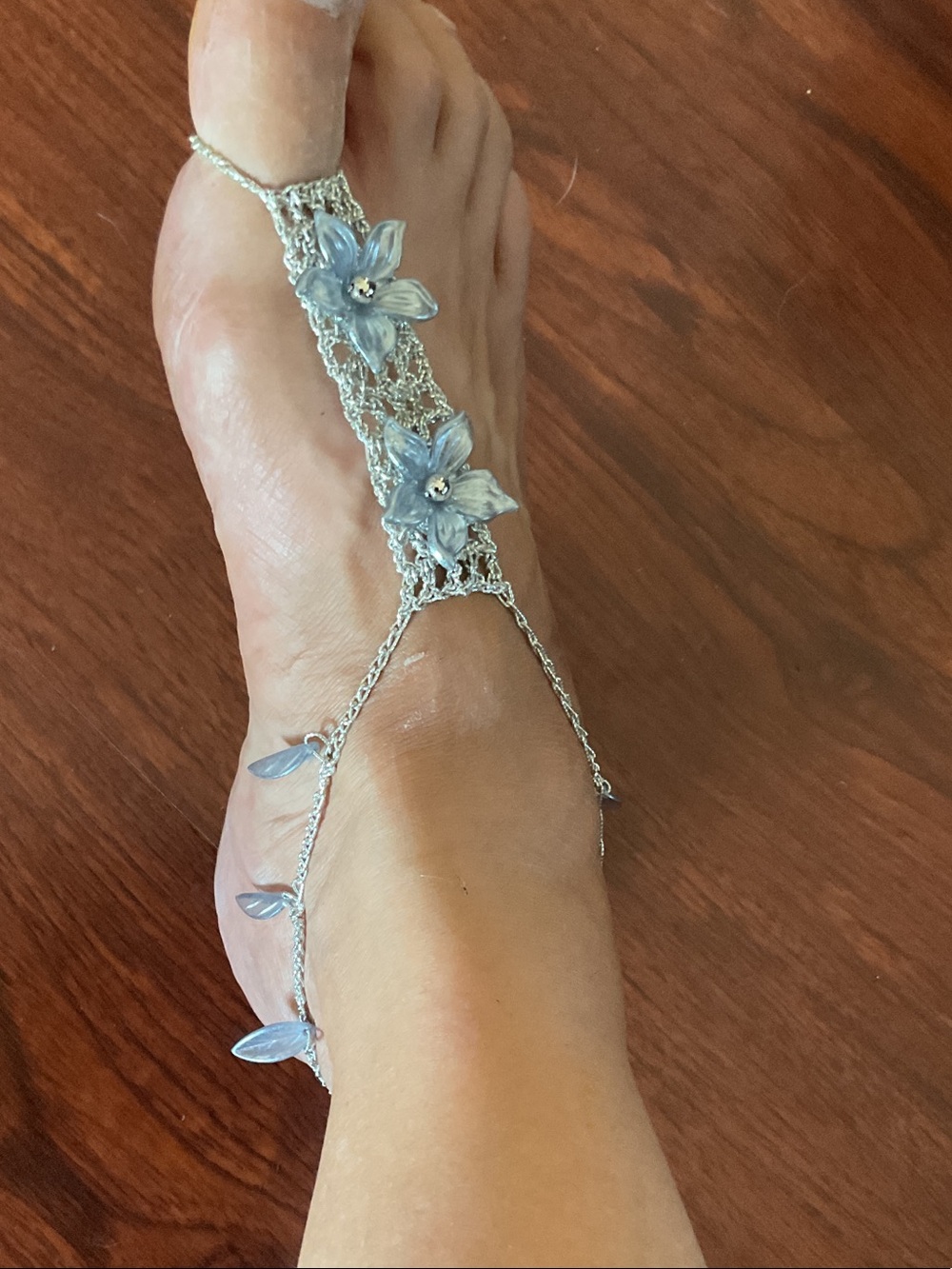 Silver Floral Barefoot Sandal with Light Blue Flower Accents